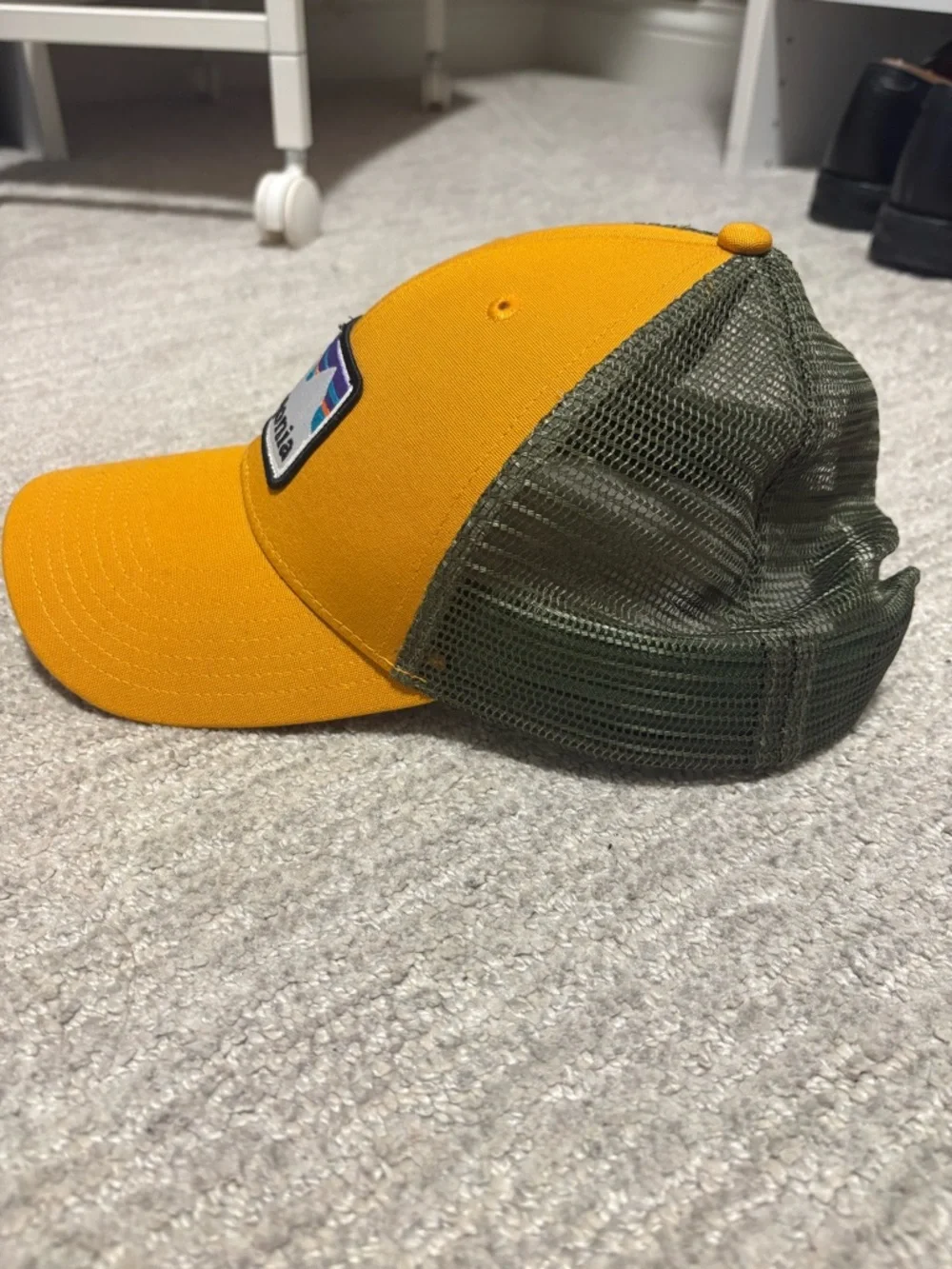 Patagonia Mustard Yellow and Olive Green Trucker Hat with Mountain Patch - Picture 2 of 4